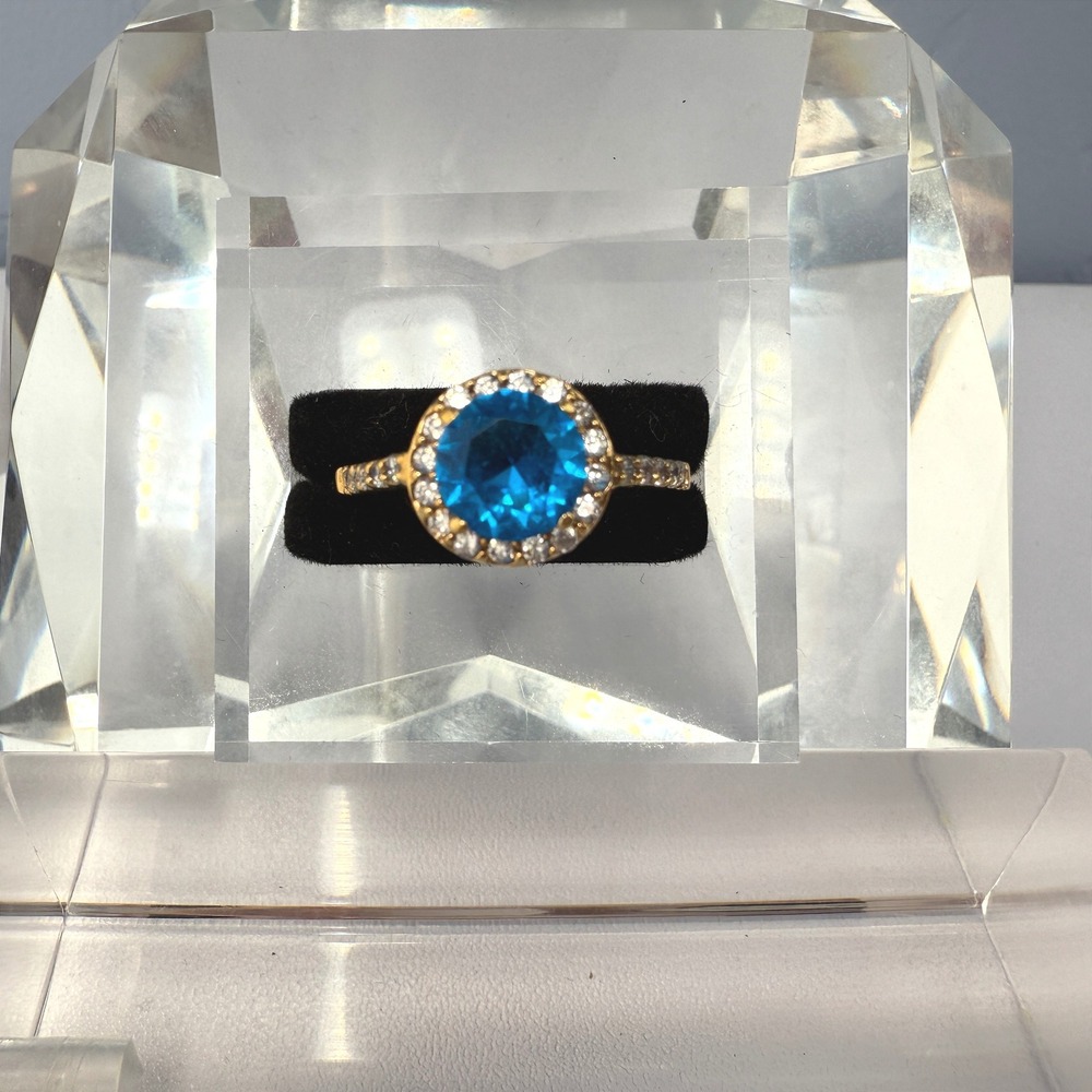 Vintage Style Gold Tone Blue Glass Halo Ring with Rhinestones Size 10